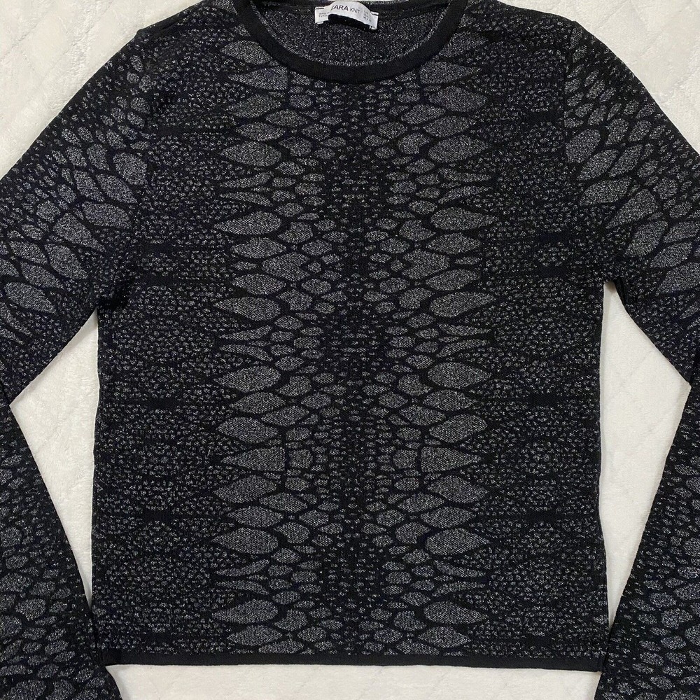 Zara Knit Black Metallic Sweater Women's Size Large Shimmery Abstract Print EUC